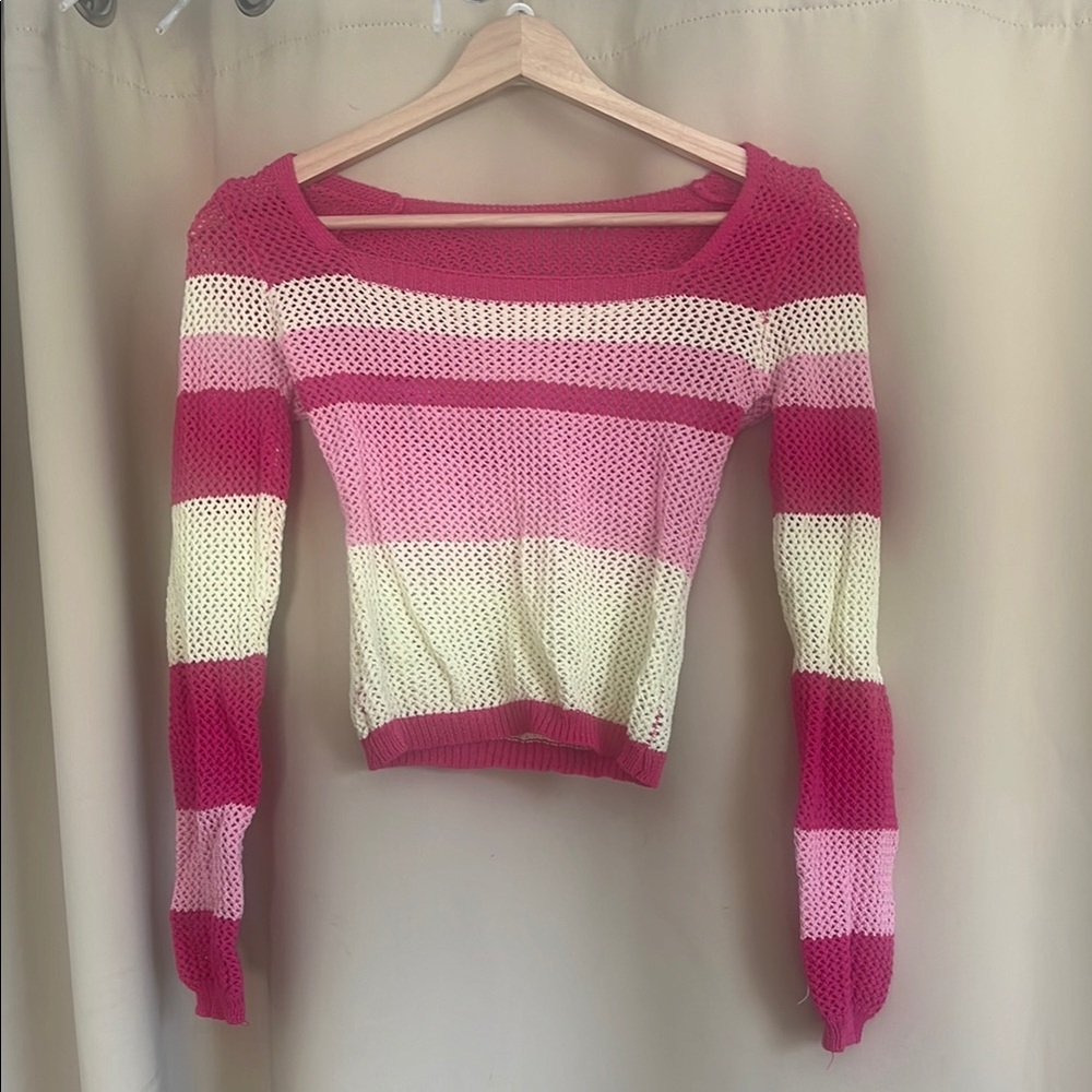 Women's Pink and Yellow Crochet Long sleeve Top